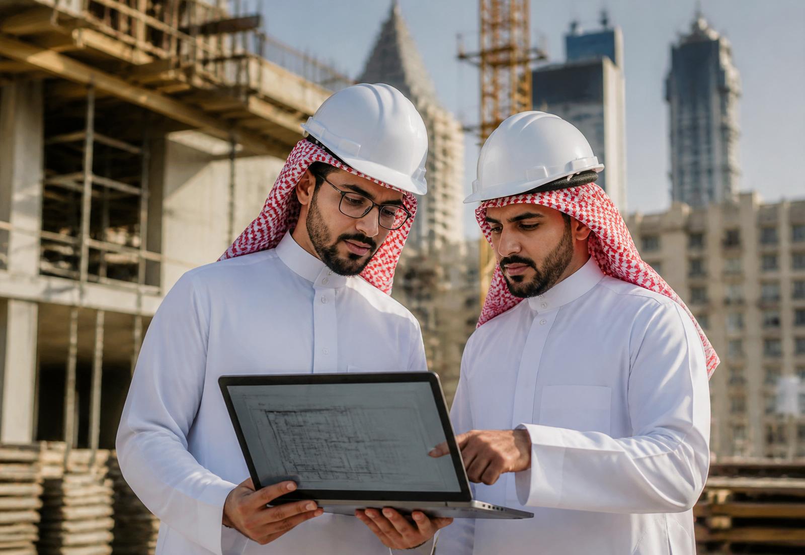 Saudi engineers reviewing infrastructure plans